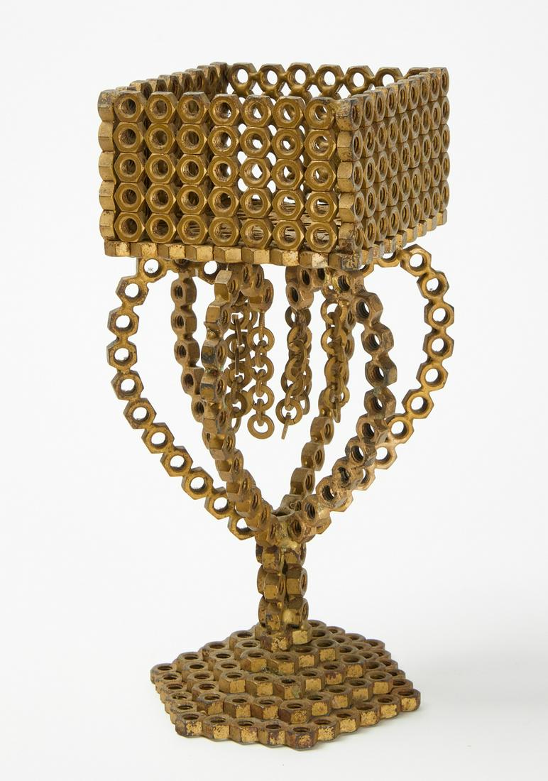 Steel Nut Constructed Compote: Steel nut whimsy constructed compote with hearts. Original paint. Circa 1940. H 11-1/8". Copy and paste link for high-res images: https://www.dropbox.com/sh/0eusjubtlyymo7x/AACDt3cd-j5RKu9atOD_koHva?d