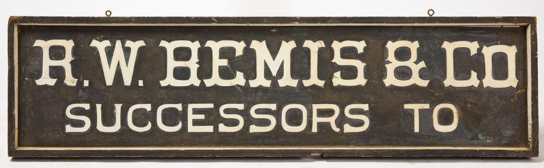 Successors Trade Sign: Trade sign for 'R.W. Bemis & Co. Successors To'. H 13-1/4" W 49-7/8" D 2-1/2". Condition: Original condition. Copy and paste link for high-res images: https://www.dropbox.com/sh/gif2ksn63vkfotj/AADvX1