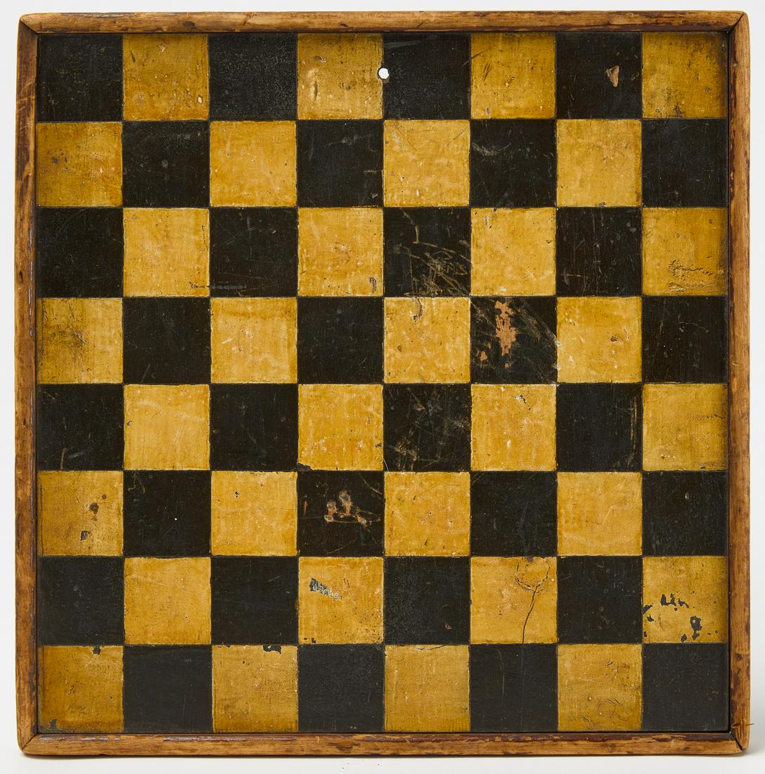 Checkers Gameboard: Checkers gameboard with black and white-yellowed squares. American. Circa 1880 H 12-3/4" W 12-5/8". Condition: Very good original condition with minor imperfections. Copy and paste this link for high-
