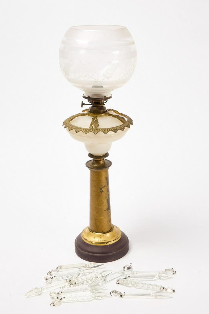 Victorian Lamp with Prisms: Victorian lamp with prisms. Condition: Excellent condition. H 14".