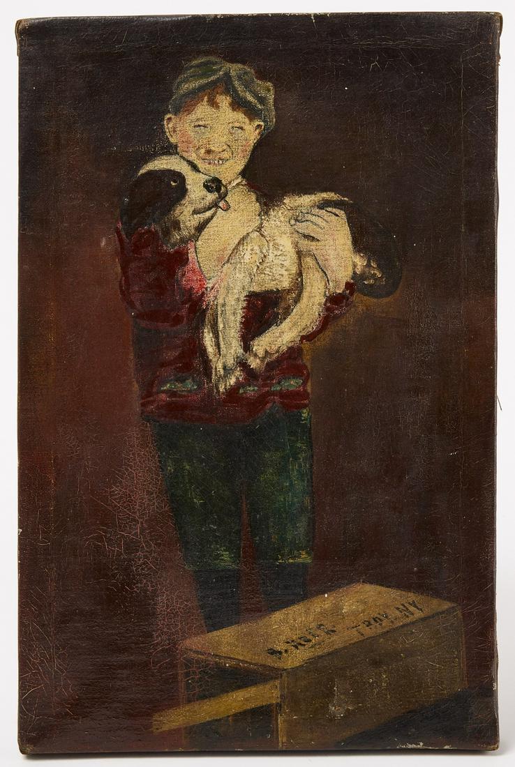 Painting of a Boy with his Dog: Painting of boy with his dog. Condition: Canvas: 16-3/4" W 10-7/8". Link for high-res images: https://www.dropbox.com/sh/0g0pyv4cblzfby0/AABdGX_KSP8bPAgD0wUFnwIAa?dl=0