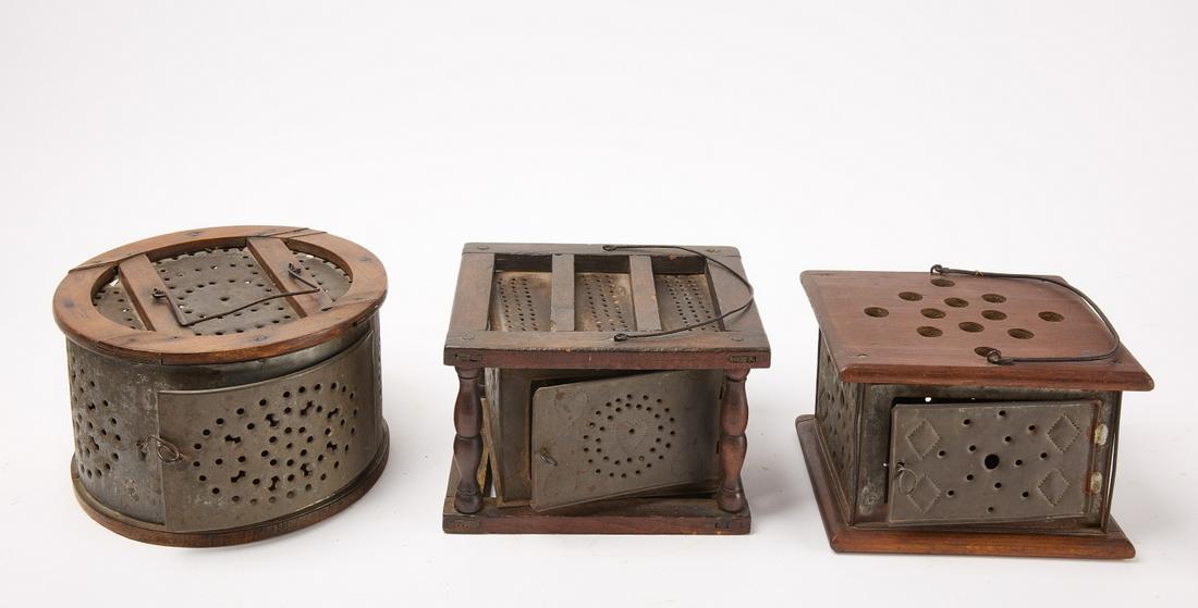 Three Foot Warmers: Three foot warmers. Tin and Wood. Smallest (square): H 6" W 8-5/8" D 7-3/8". Medium sized (square): H 6" W 9" D 8". Largest (circular): H 6-1/4" D 9-7/8". Condition: Excellent condition. Link for high