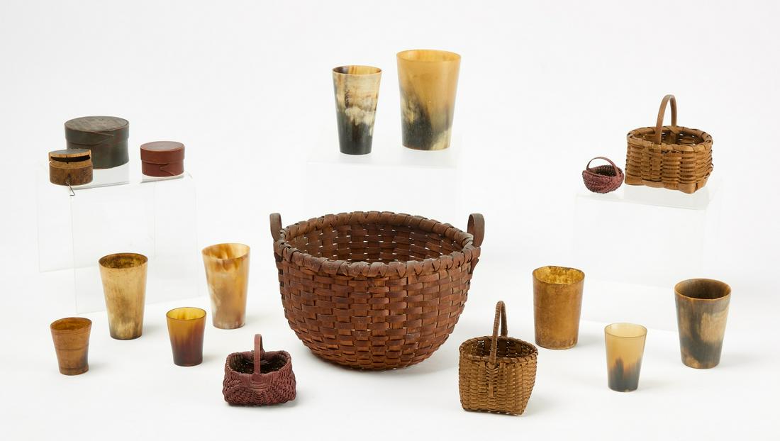 Baskets, Horn Cups, and Pantry Boxes: Nine Bone Cups, Five Baskets, Four miniature pantry boxes. Four Pantry boxes range in size from - H 1-1/4" D 1-7/8" to H 1-7/8" D3". Five Baskets range in size from - H 5-1/2" W 9" D rim 7-3/4" to H 1