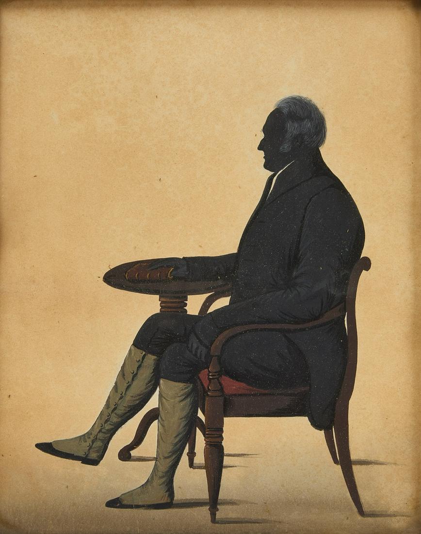 Miniature Watercolor Silhouette of a Man: Miniature watercolor portrait of a man. Man seated by table with high button boots in silhouette. Watercolor and ink on paper. 19th century. Frame: H 11-1/4" W 9-3/8" Sight: H9-3/4" W 7-7/8". Conditio