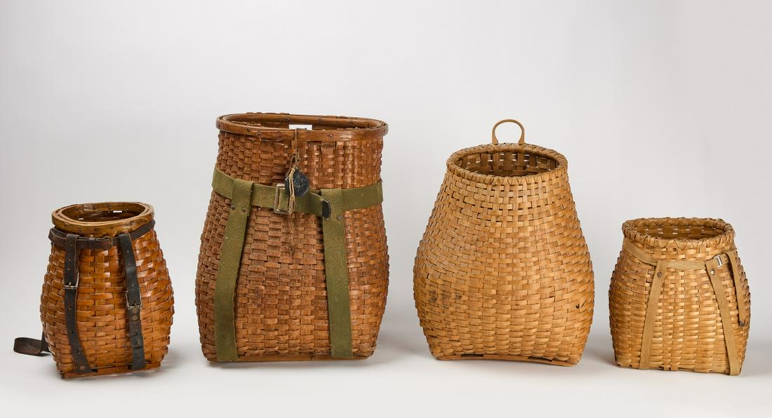 Four Backpack Baskets: Four backpack baskets. Maine. Circa 1900. Largest: H 20-3/4" W 15-1/8" D 13-1/2". Smallest: H 11-1/2" W 10-3/4" D 8-1/4". Condition: Excellent condition. Link for high-res images: https://www.dropbox.