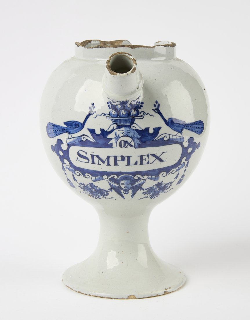 Delft Wet Drug Jar: Delftware wet drug jar. 18th century. H 9-1/4" W 7-1/2". Condition: Chips, Minor imperfections. Link for high-res images: https://www.dropbox.com/sh/ip2b73xb8hqsazf/AAA30bLvi2FxcsPZlW8Ffzpza?dl=0
