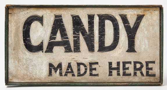 Candy Made Here Trade Sign: "Candy Made Here" trade sign. Maine. Circa 1900. Paint on wood panel. H 9-1/2" W 18-1/2". Condition: Excellent condition with historic paint. Link for high-res images: https://www.dropbox.com/sh/fejgd