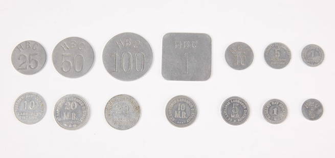 Fourteen Early Hudson Bay Co.Tokens Three District: Fourteen early Hudson Bay Co. tokens from three districts. Hudson Bay tokens in the denominations of HBC1, HBC100, HBC 50, HBC 25, HBC 10, HBC 5. Then Hudson's Bay Company Labrador District one sided