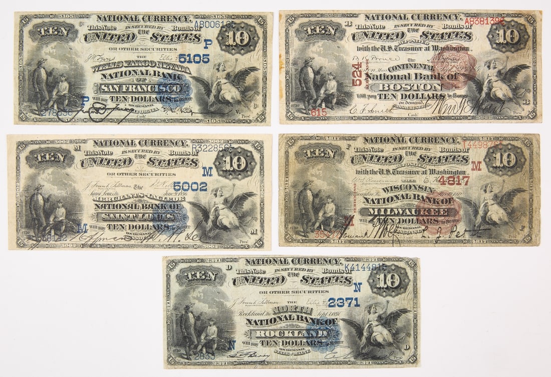 Five U.S. Ten Dollar National Currency Notes (1 of 8)