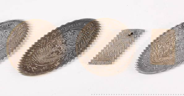 Three Japanese Silver Coins: 1) Two Japanese Yen 1888, Y-A25B, Type II 2) Japan BU Ichibu1837-1854 Tempo Era., holed. Total weight: 2.005 ozt. Descriptions, weights, sizes and conditions are our best judgement and do not represen