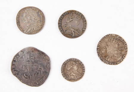 Five Early English Silver Coins: Five early English coins Early English silver coins. George III, silver shilling and sixpence, 1787 (S.3746, 3748). HANOVER. George II. 1727-1760. AR Halfcrown. Dated 1745 LIMA and RY D NONO. Bull 168