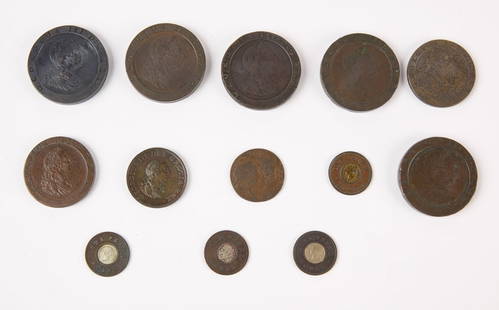 British Bullion Pennies and British Model Money: 1) Five George III, Britannia 2d. bullion Cartwheel pennies, 1797. 2) Two George III, Britannia 1d. bullion pennies, 1797. 3) Two George III, Britannia 1/2 d 1775 and 1799. 4) Four British Model one p