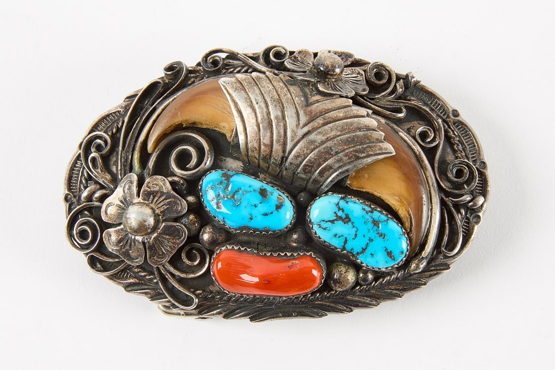Native Silver Belt Buckle: Native American silver belt buckle with turquoise and red stone. H 3-3/8" W 2-1/4". Link for high-res images: https://www.dropbox.com/scl/fo/3lkuqviy3srjk8mdtrddx/h?rlkey=5fr5848moeesxcrz9o3w75m7f&dl=