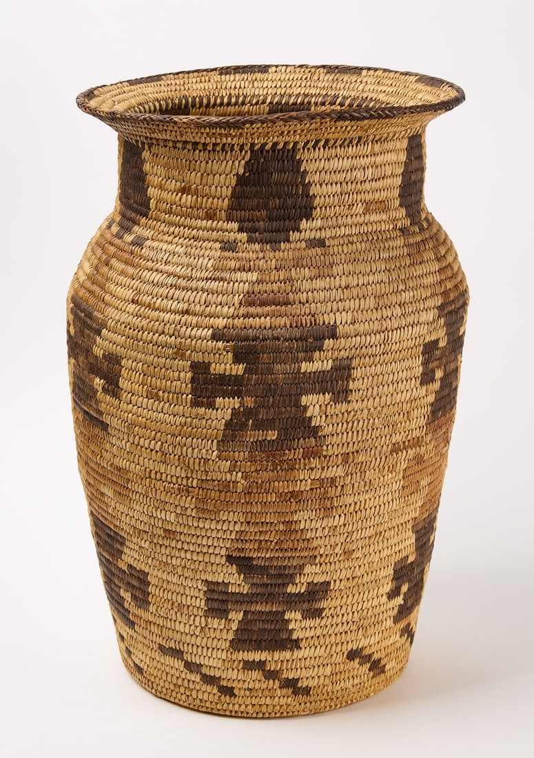 Papago Woven Olla Basket: Papago woven Olla basket. Arizona. H 19" D 12-1/4". Condition: Minor imperfections visible in images. Link for high-res images: