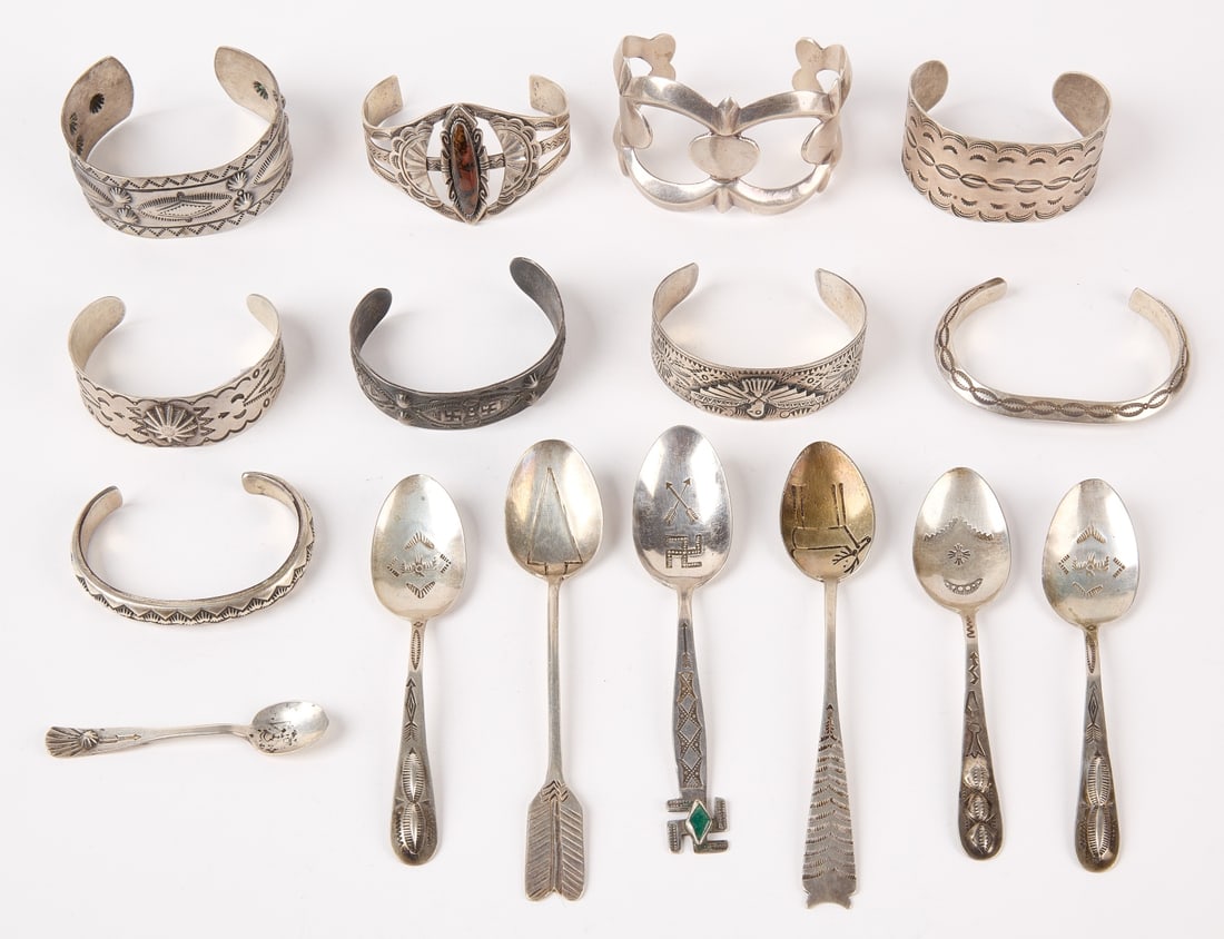 Nine Silver Native American Cuff Bracelets & Spoon (1 of 2)