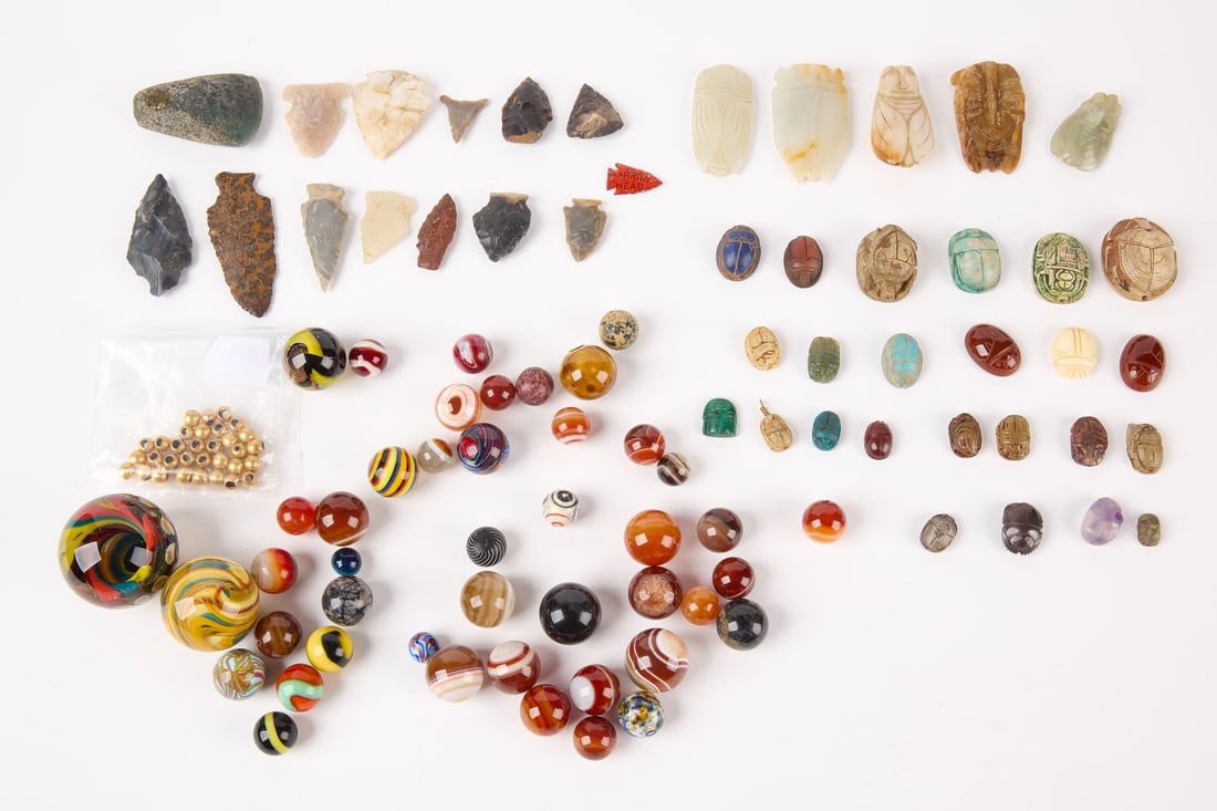 Mixed Lot of Arrowheads,Scarabs, Marbles, Beads (1 of 4)