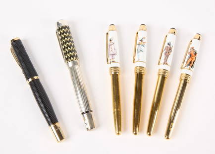 Six Montblanc Pens: Six Montblanc pens. Group of four Montblanc Meisterstuck pens having Meissen tops with harlequin decoration, 2003, 2005, 2006, 2008, all limited editions to 300, good condition. 2006 Monotblanc 18K go