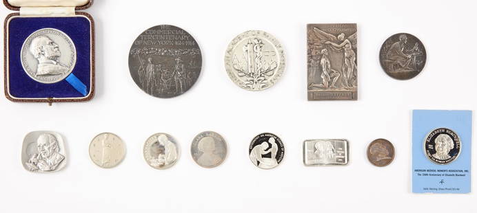 Thirteen Silver Medals, Tiffany, Swiss, etc.: Thirteen silver medals. 1) The Commercial Tercentenary of New York City 1614-1914 by Tiffany & Co. George Protzmann. Silver. Weight 5.985 ozt. 2) 1917-1918 Swiss-American Commission by Hucucnin (Swiss