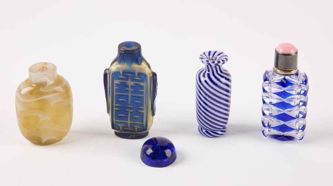 Four Asian Scent Bottles in Glass and Soapstone (1 of 3)