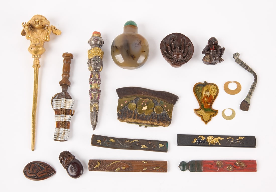 Fourteen Asian Items: Fourteen Asian items. 1) Carved agate stone bottle with green jade colored top. H 2-1/2" W 2". 2) Silver with gilt figural "wand" L 7-1/4", two gold hammered flat earrings(nose/ear), along with silver