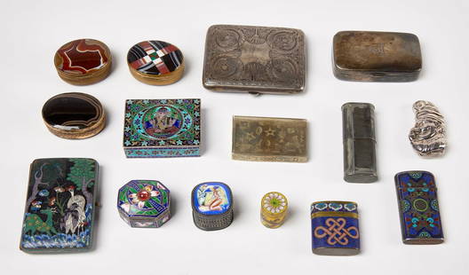 Fifteen Silver, Cloisonne, Snuff Boxes: Fifteen silver, cloisonne, and snuff boxes. 1) Three oval agate snuff boxes. One with elaborate inlay, gold filled surrounds. L 2" 2) International sterling silver box. 3) Cigarette case 4) Match safe