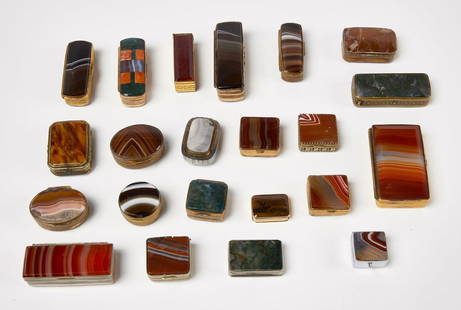 Twenty Two Snuff and Pill Boxes: Twenty two snuff and pill boxes. 1) Five gold filled and agate rectangular snuff boxes with hinged interiors. 2) Five moss agate and carnelian agate inlaid boxes. Rectangular shapes, gold filled rims.