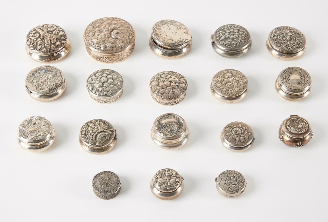 Group of 17 Miniature Round Silver Boxes: Group of 17 miniature round silver boxes. Weight: 16.100 ozt. Condition: Excellent. Link for high-res images: