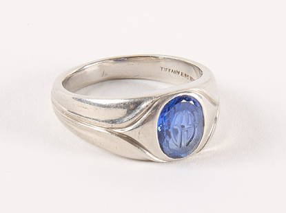 Tiffany & Co. Platinum and Oval Sapphire Ring: Tiffany & Co platinum and oval sapphire ring. Initials 'B.S.' in stone. Size 7.75. Weight: 8.0 dwt. Descriptions, weights, sizes and conditions are our best judgement and do not represent a guarantee.