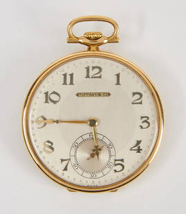 Tiffany & Co Pocket Watch Plat./Gold: Tiffany & Co. platinum and 18K yellow gold open faced pocket watch. Gold Arabic numeral dial movement #4200563 by Longines. 21 jewels. Monogrammed verso MAM. Working. Weight: 30.3 dwt. Diameter 1-5.8"