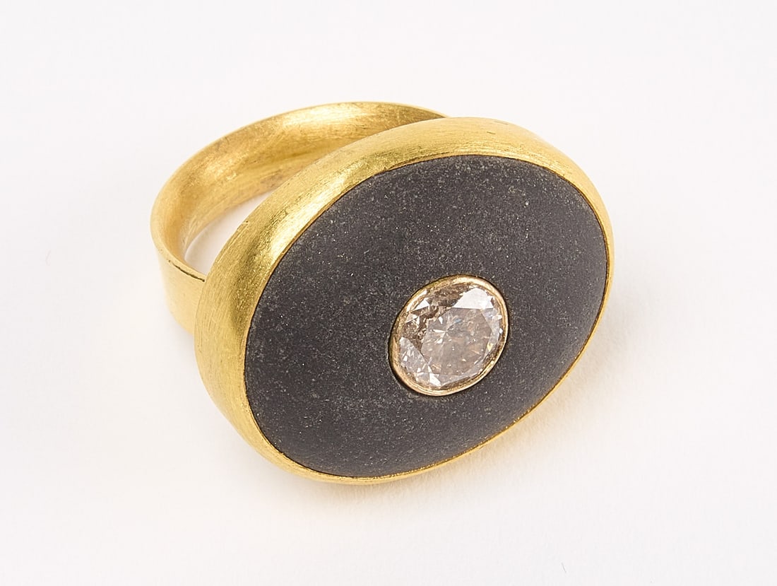 Sam Shaw 22K and 14K Men's Ring: Sam Shaw 22k and 14k men's ring. 1.2 K diamond set in beach stone. Ring Size 7.25. Weight 9.4 dwt. Size 7.25. Descriptions, weights, sizes and conditions are our best judgement and do not represent a