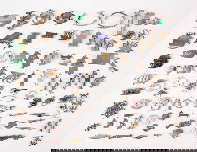 Ninety Silver Brooches, Pendants: Ninety silver brooches, pendants, cases, lighters and miscellaneous items. Mix of animal, bar, abstract, pins or brooches. Mexican, South American silver, some with inlaid stones some not,. L 1" to 3-