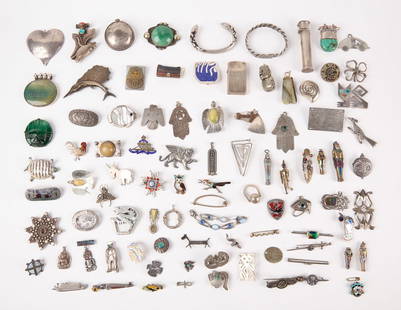 Ninety Silver Brooches, Pendants: Ninety silver brooches, pendants, cases, lighters and miscellaneous items. Mix of animal, bar, abstract, pins or brooches. Mexican, South American silver, some with inlaid stones some not,. L 1" to 3-