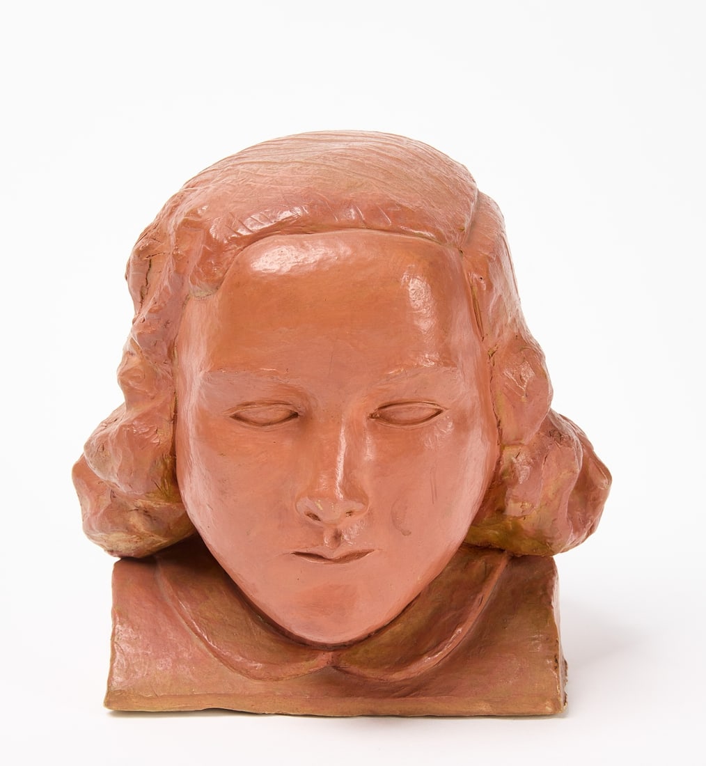 Pottery Bust of a Lady: Pottery bust of a lady. Label on bottom attributes to Reginald Marsh. H 7-1/4" W 6-1/4" D 6-3/4". Condition: Excellent condition. Link for high-res images: https://www.dropbox.com/scl/fo/cidpxgd78b4y4