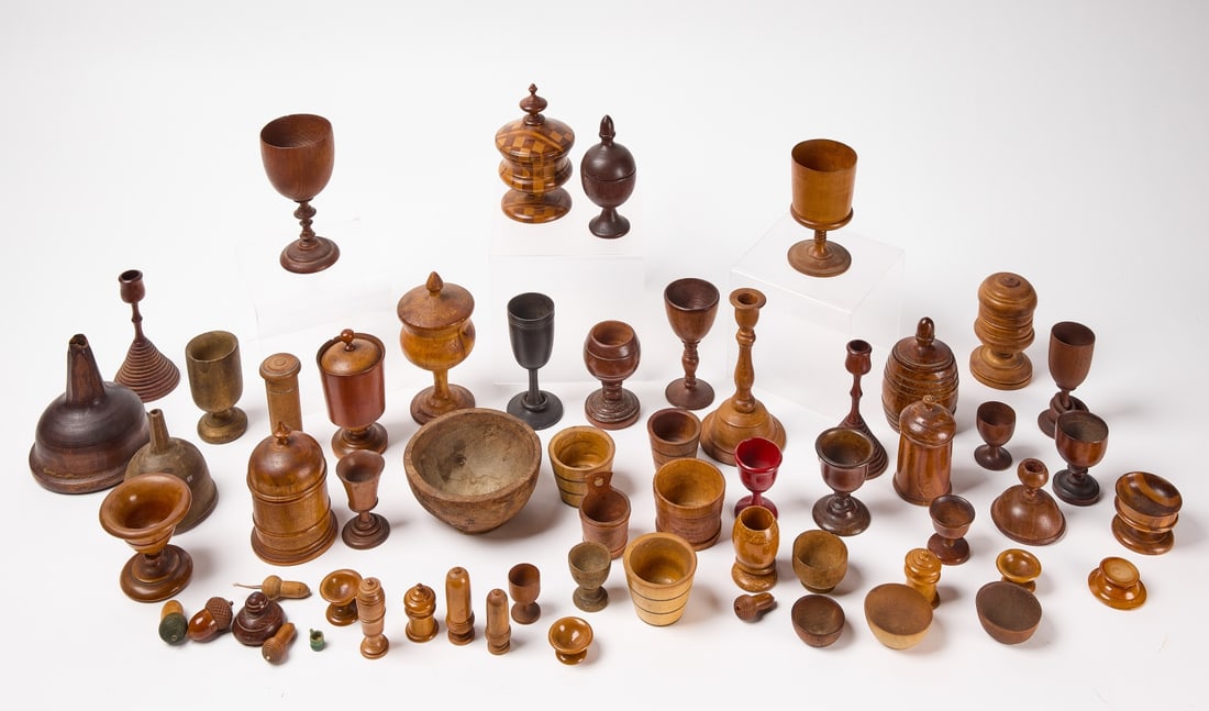 61 Pieces of Antique Treen: 61 pieces of treen. 19th century, Largest item H 7-3/8" D 3-7/8". Condition: Excellent overall with minor imperfections. Link for high-res images: https://www.dropbox.com/sh/nzwpdypgpcswdam/AADPdQjpAU
