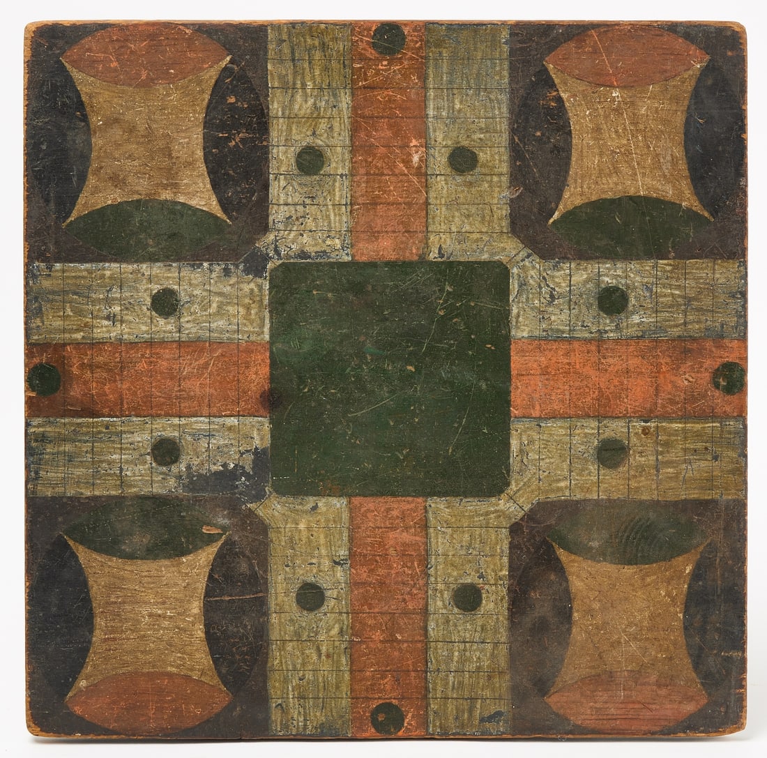 Gameboard: Gameboard. American. 19th century. H 18-1/2" W 18-5/8". Condition: Some scattered old retouch. Link for high-res images: https://www.dropbox.com/sh/mkldjyrvk36tmb7/AACeDgpbbTY_zvm-iX0GOpTNa?dl=0