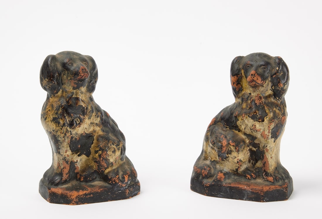Pair of Redware Dogs: Pair of redware dogs. Original black and white dappled paint. American. Mid 19th century. H 7-1/2" W 5" D 3-1/2". Condition: Some wear and imperfections to the paint. Link for high-res images: https:/