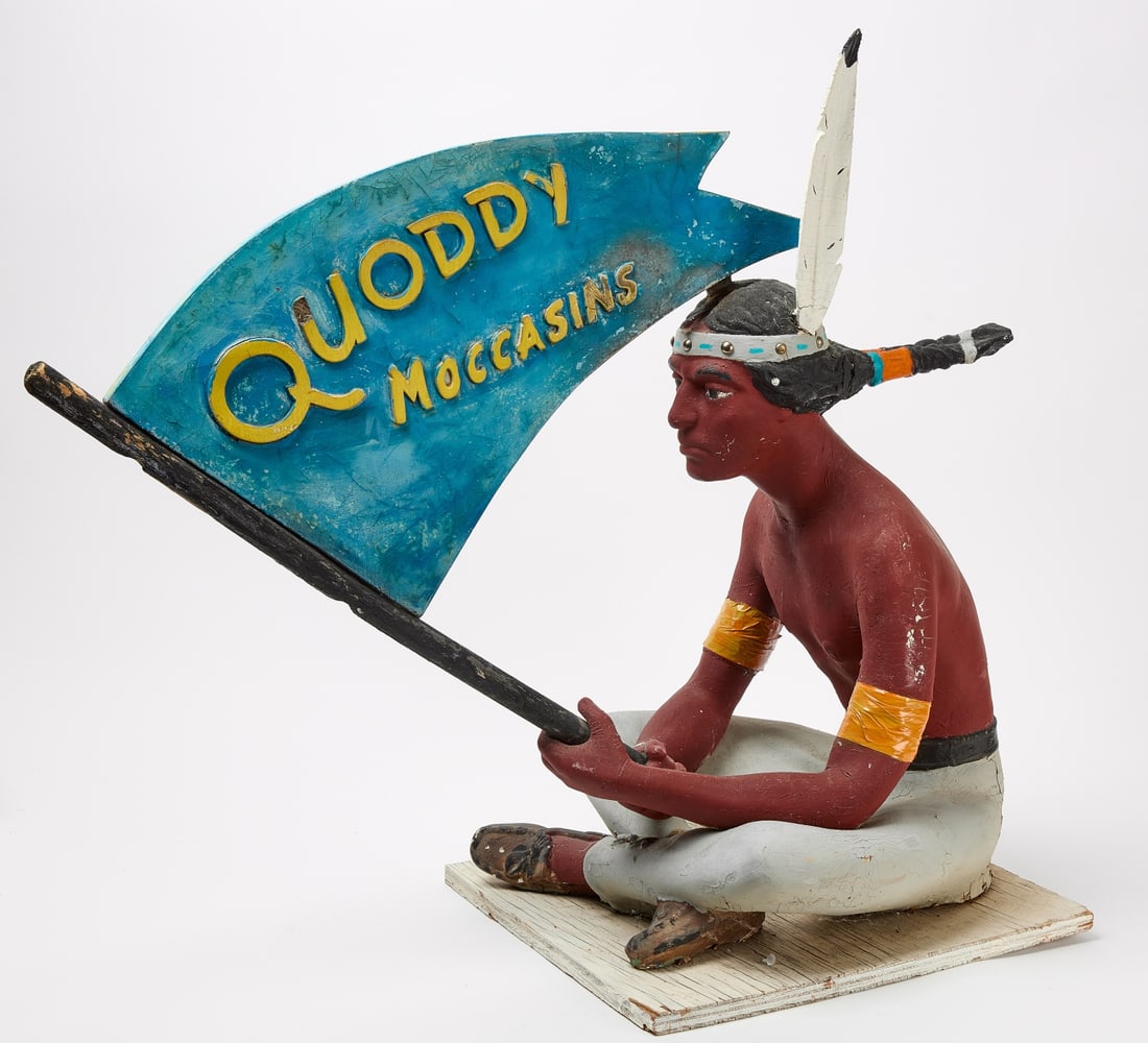 Quoddy Moccasins Trade Figure: Quoddy Moccasins trade figure. H 32" W 36" D 16-1/2". Condition: Imperfections. Link for high-res images: https://www.dropbox.com/scl/fo/m0kykk1rfqs3569p63xio/h?rlkey=mx6cisczxo1fibcsbb3qp6tld&dl=0
