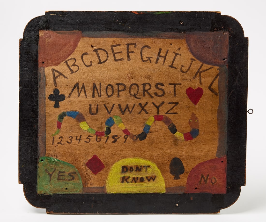 Gameboard: Gameboard, with checkers on one side and, Ouija on the other side. Paint decorated and carved wood. Shaped corners. H 16-7/8" W 19-1/8" D 5/8". Condition: Some wear as expected. Link for high-res imna