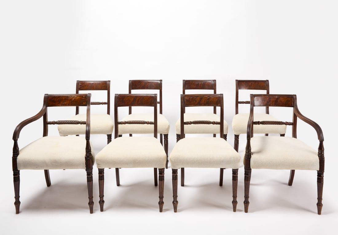 Set of Eight Dining Chairs: Set of eight period dining chairs. Probably American. Circa 1835. H 31-1/2" W 20-3/8" D 19". Seat: H 17-1/2". Condition: Some veneer imperfections on crest. Link for high-res images:https://www.dropbo