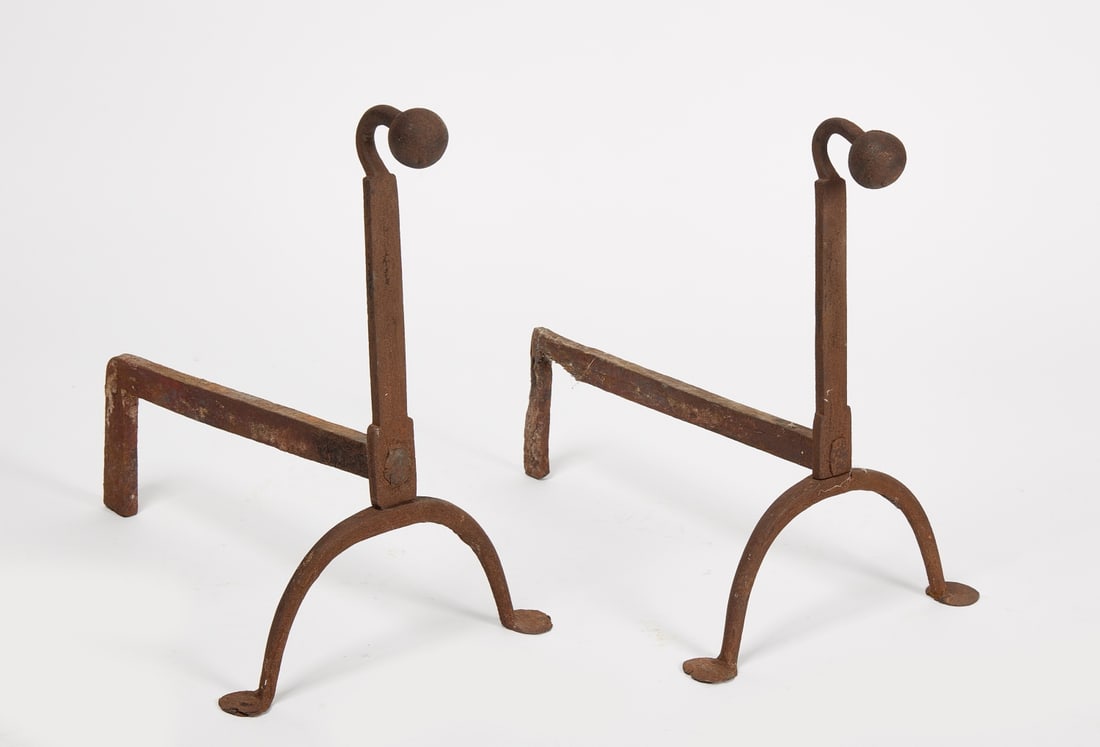 Early Iron Goose-Neck And Ball Top Andirons (1 of 1)