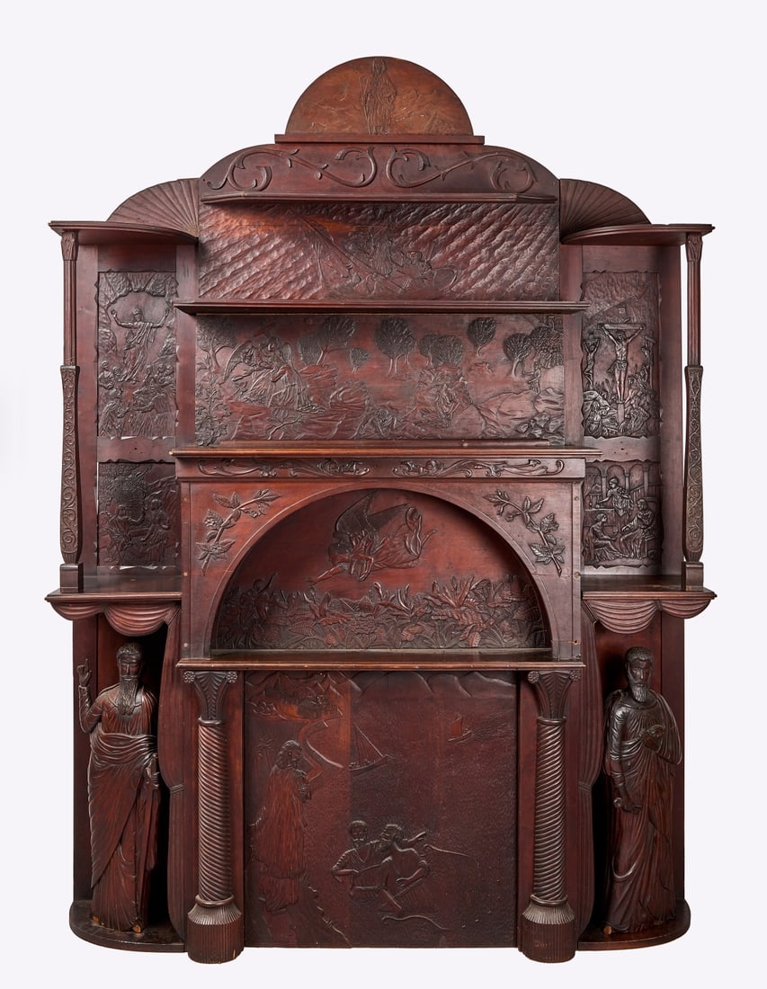Carved Mantle: Mantle surround with summer fireboard. Carved cherry wood by J. Paul Bateman. Bridgeton, NJ, circa, 1890. Can almost completely be disassembled. H 96-3/4" W 71" D 14-1/2". Condition: Excellent conditi