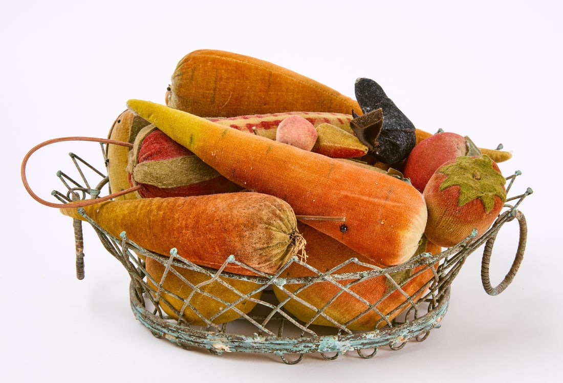 Wire Basket Filled With Velvet Fruit (and a Bird) (1 of 5)