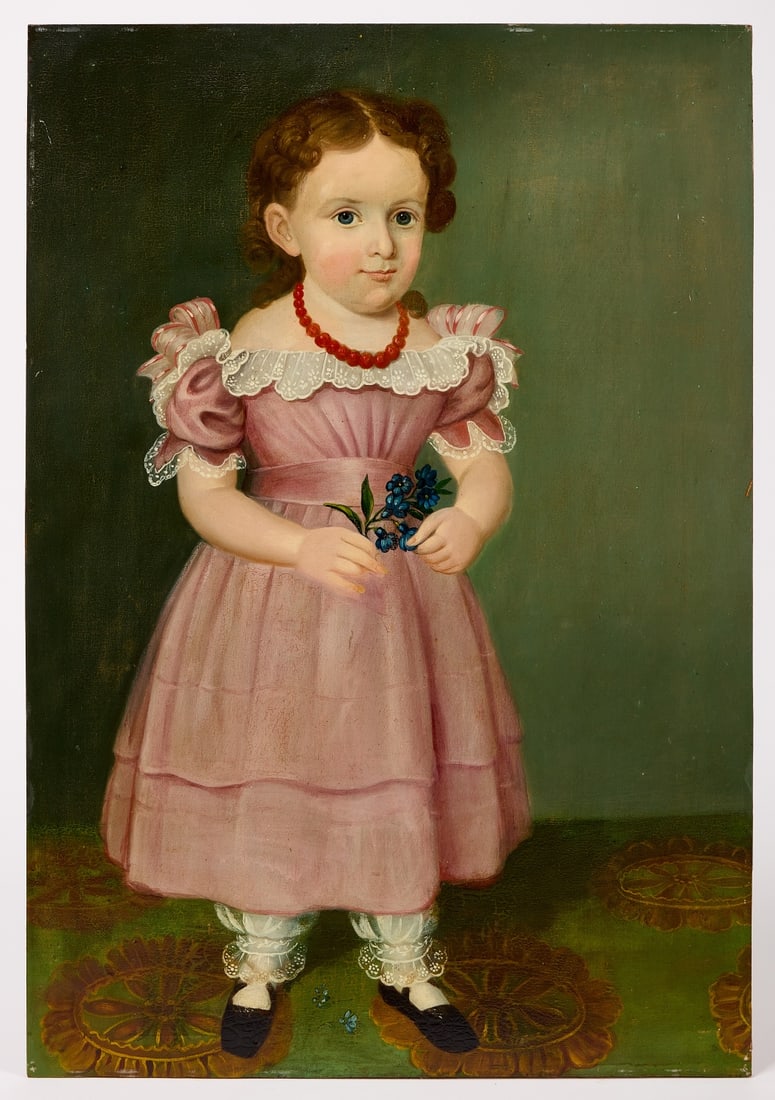 Full Length Portrait of a Child: Joseph Whiting Stock ( Attributed) Full length portrait of a young girl in a pink dress, standing on an ingrain carpet. Oil on board. American. Circa 1845. Unframed. H 33" W 22-3/4". Condition: Fine o