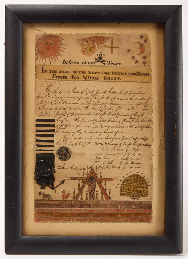 Early Framed Folk Art Fraternal Document (1 of 3)