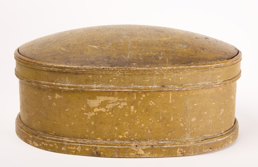 Covered Box: Covered box in mustard paint. 19th century. H 8: W 17-3/8" D 10-7/8". Condition: Original condition. Link for high-res images: https://www.dropbox.com/scl/fo/clsenp92go5p9ziwnuhki/h?rlkey=5u1tpmnr9t0g