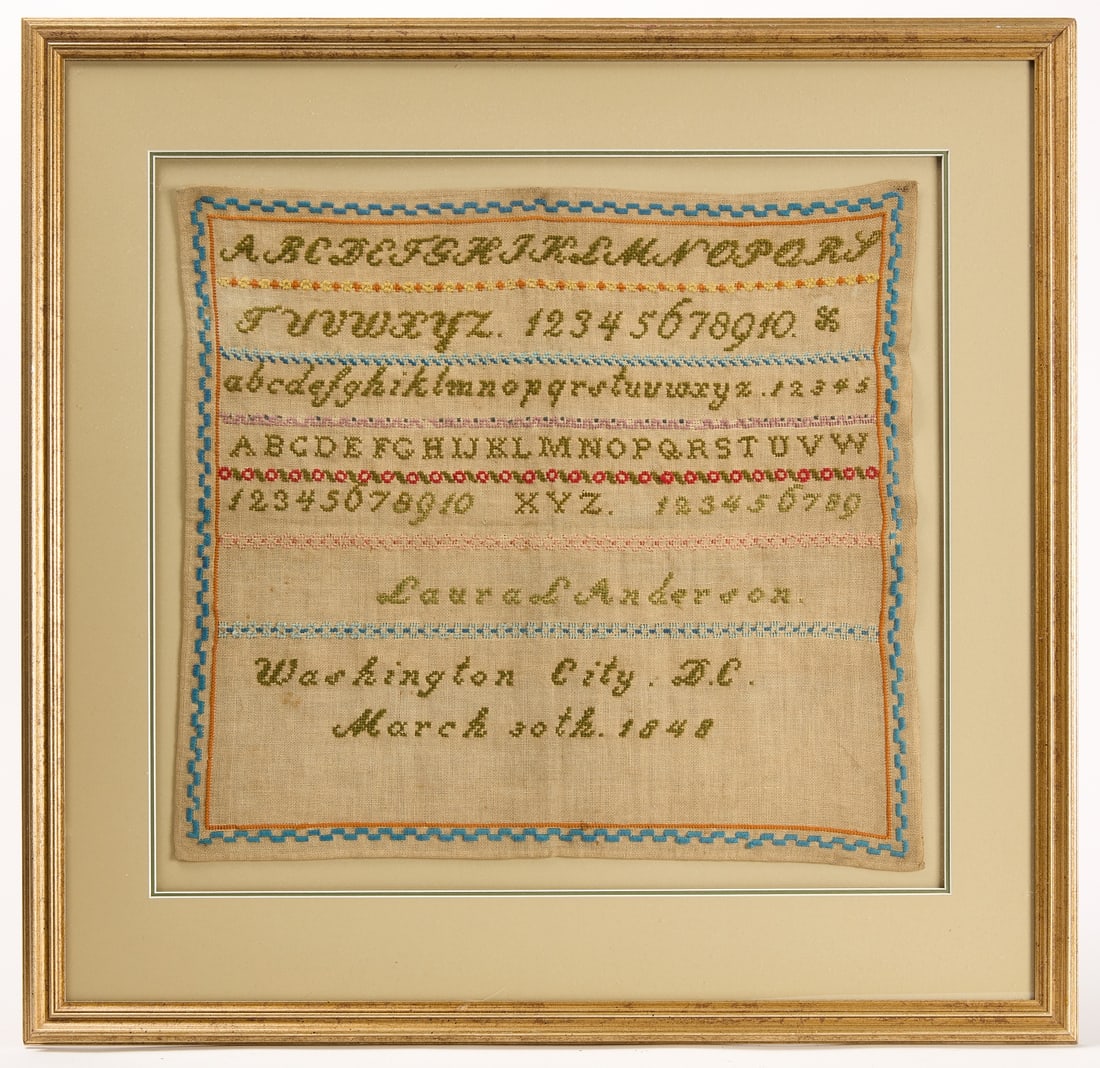 Needlework Sampler Laura Anderson Wash. DC 1848: Needlework sampler. Laura Anderson. Washington City, DC. Dated 1848. A geometric pattern of alternating blue bricks and a single orange line surrounds the whole. The top half consists of five lines of
