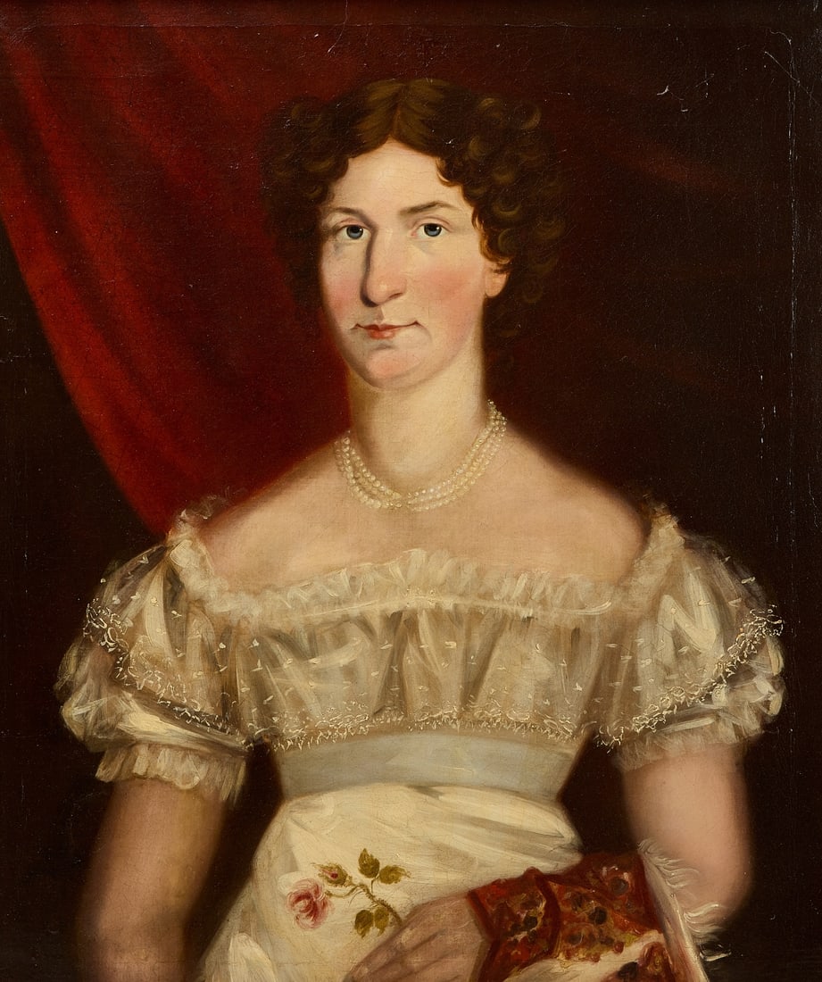 Portrait of a Lady: Portrait of a lady. Oil on canvas in a painted frame. Written on reverse 'Charlotte Tootell, Chorley - Born 1787 Died 1860'. H 34-3/4" W 30". Condition: Inspected under UV light. No retouch noted. Min