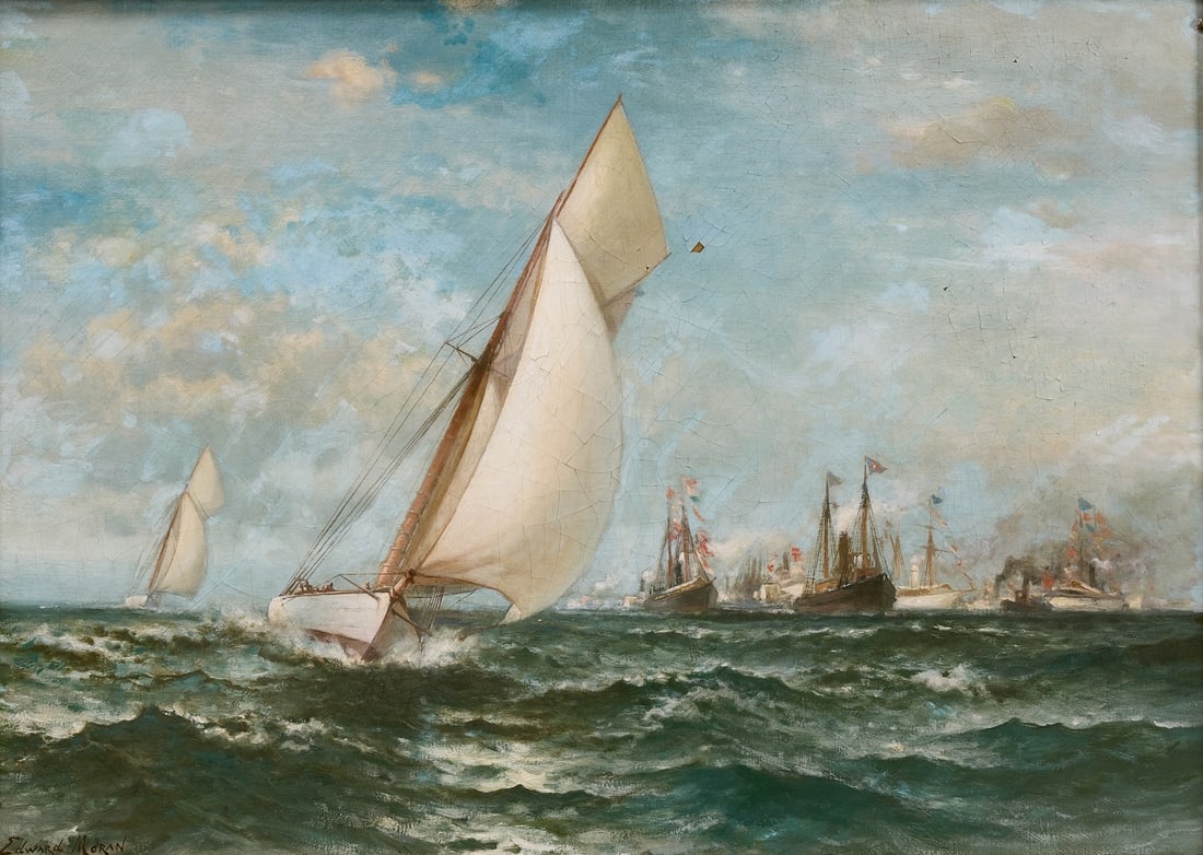 Edward Moran - 'The Winning Yacht': Edward Moran (1829-1901) - "The Winning Yacht". Depicting the 1895 America's Cup Race with 'Defender' well ahead of Valkyrie III. Oil on canvas. Signed LR. Original frame and artist plaque. Provenance