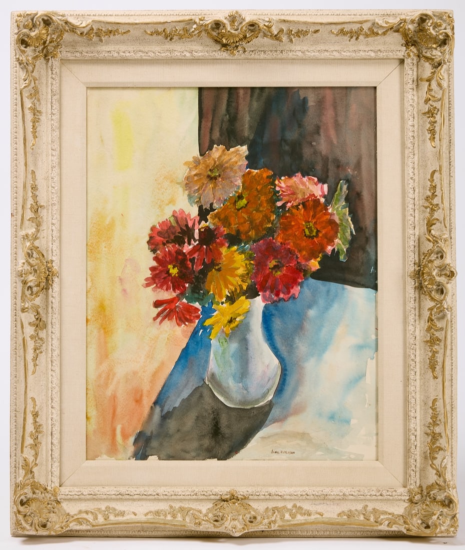 Jane Peterson - Watercolor Still Life: Jane Peterson (1876-1975) - Still life of flowers in a vase. Watercolor on paper. Signed LR. Frame Is possibly original. Frame: H 38-1/4" W 32-1/4". Sight: H 27-1/2" W 21". Condition: Excellent origin