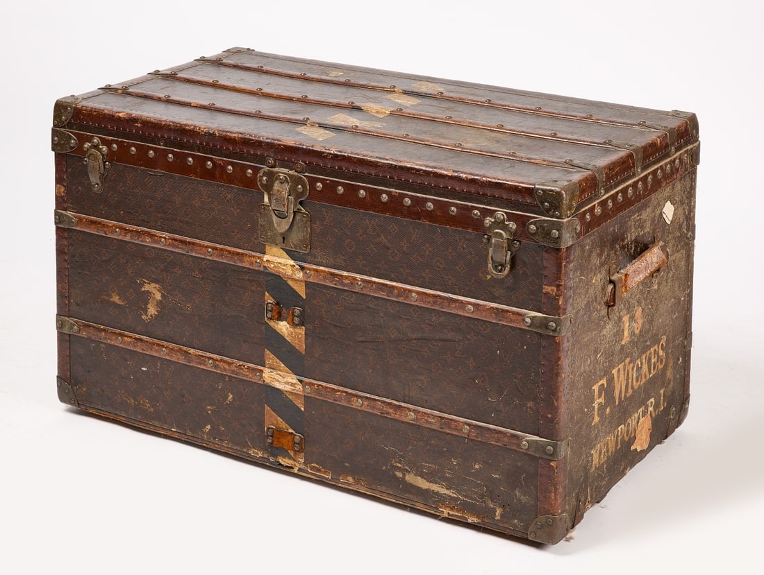 Louis Vuitton Steamer Trunk: Louis Vuitton steamer trunk. F.W. Wickes. Newport, RI. H 23" W 41-1/4" D 22-1/4". Condition: Minor imperfections Estate of Thomas and Stephany Haines-Forsyth Wickes Copy and paste link for high-res im